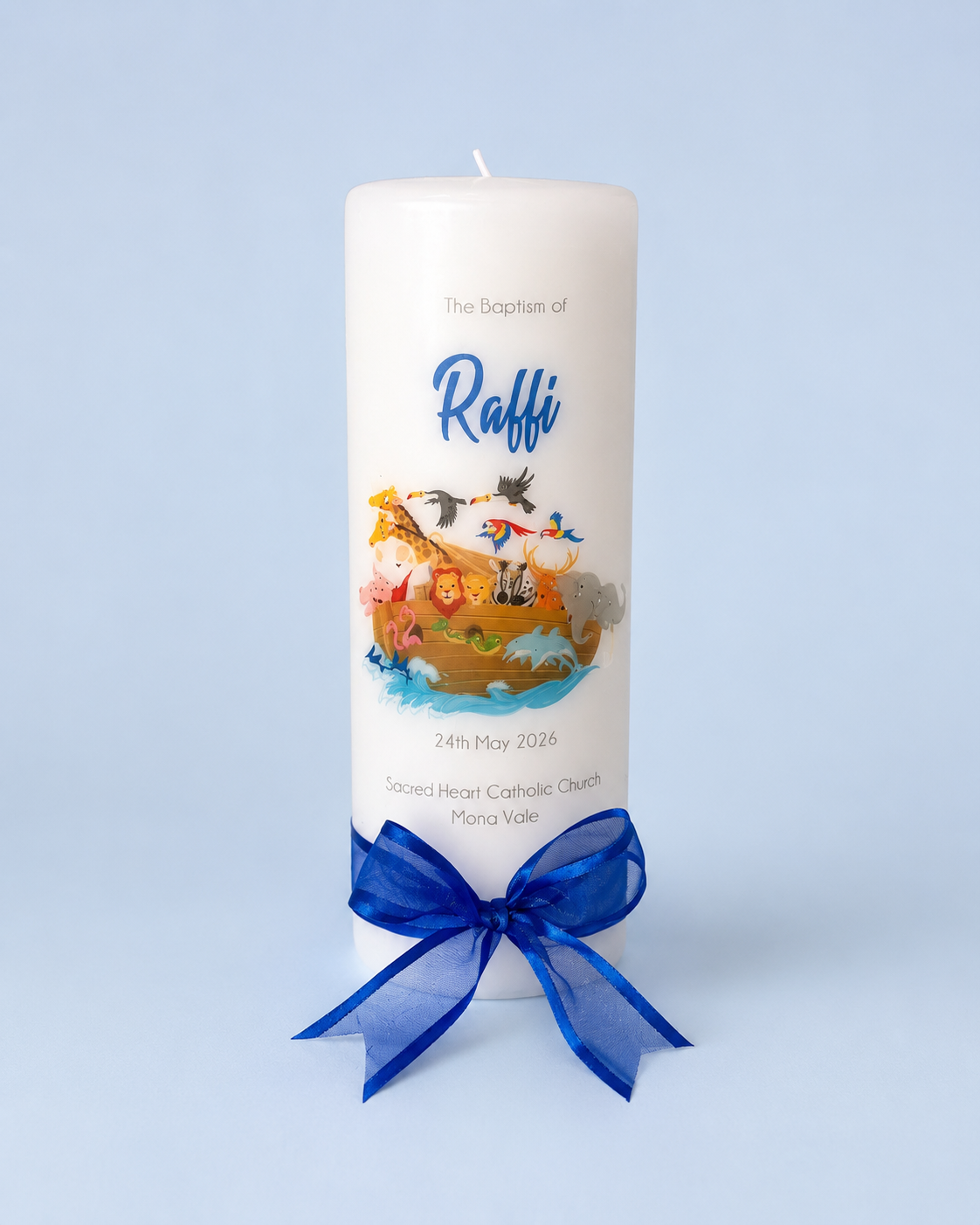 Noah Personalised Baptism Candle Australia by Flame of Faith